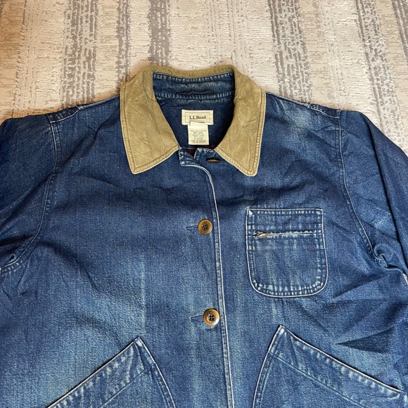 Vintage LL Bean Women LARGE Denim Chore Coat Corduroy Collar Plaid Flannel Lined - Picture 4 of 16